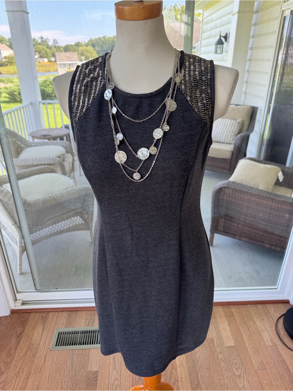 Tinley Road Gray Beaded Shoulder Sleeveless Sheath Dress M